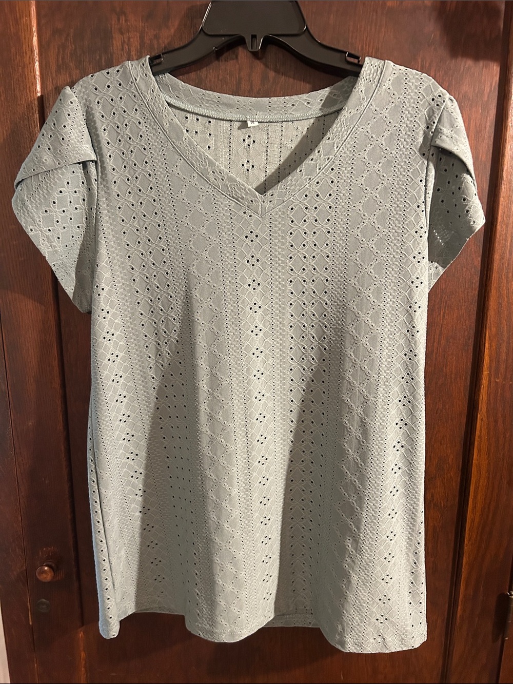 Women's V-Neck Eyelet Knit Top in Light Gray